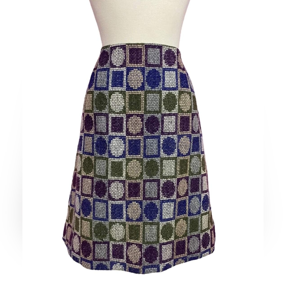 Vintage 1960s 60s Cool Tone Geometric Pattern Wool A-Line Skirt